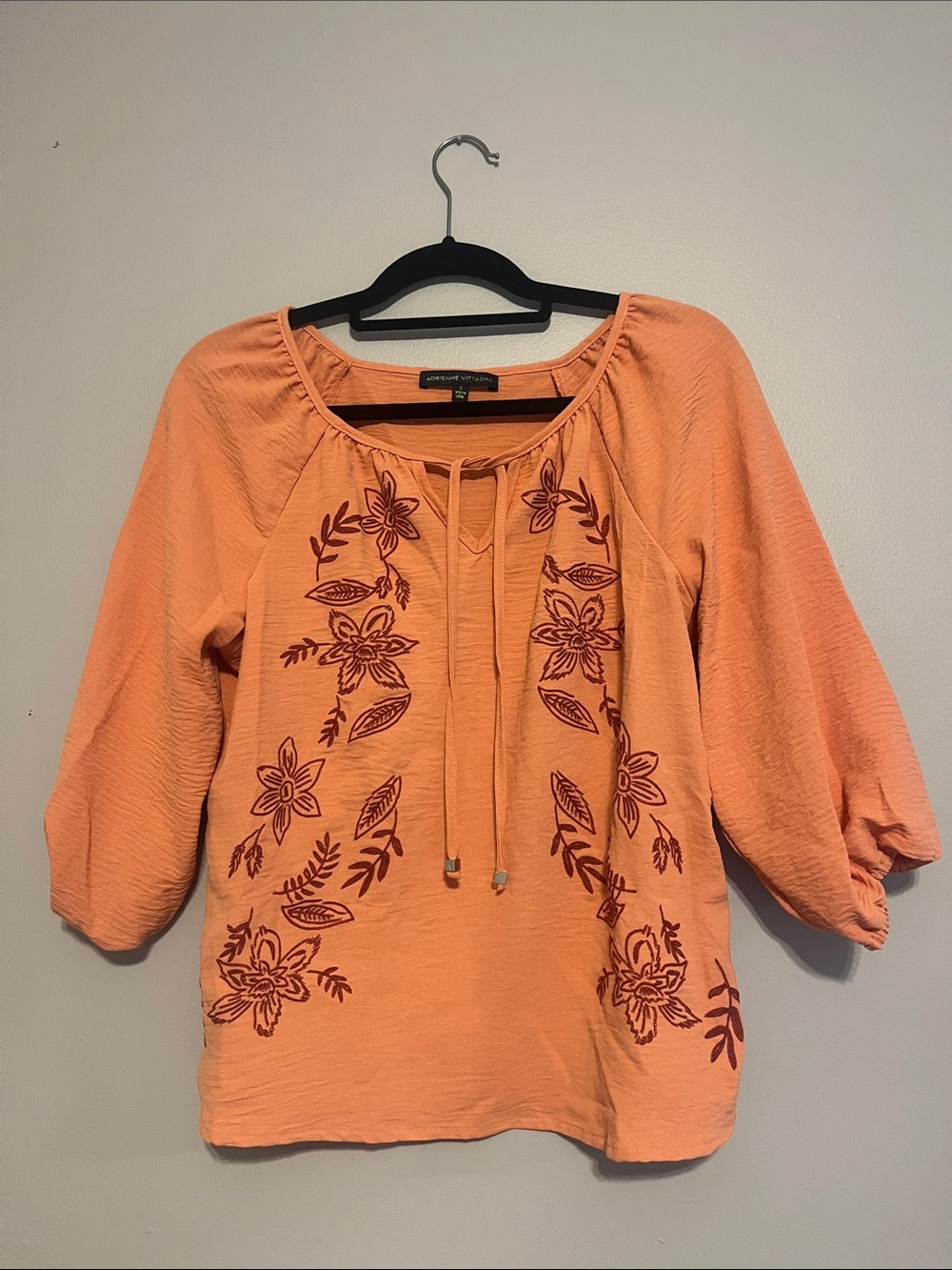 Adrienne Vitadini Orange Embroidered Peasant Blouse Small